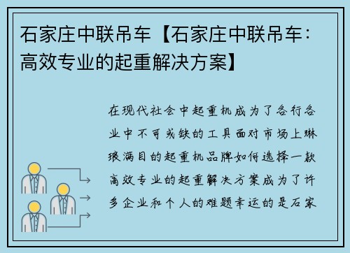 石家庄中联吊车【石家庄中联吊车：高效专业的起重解决方案】